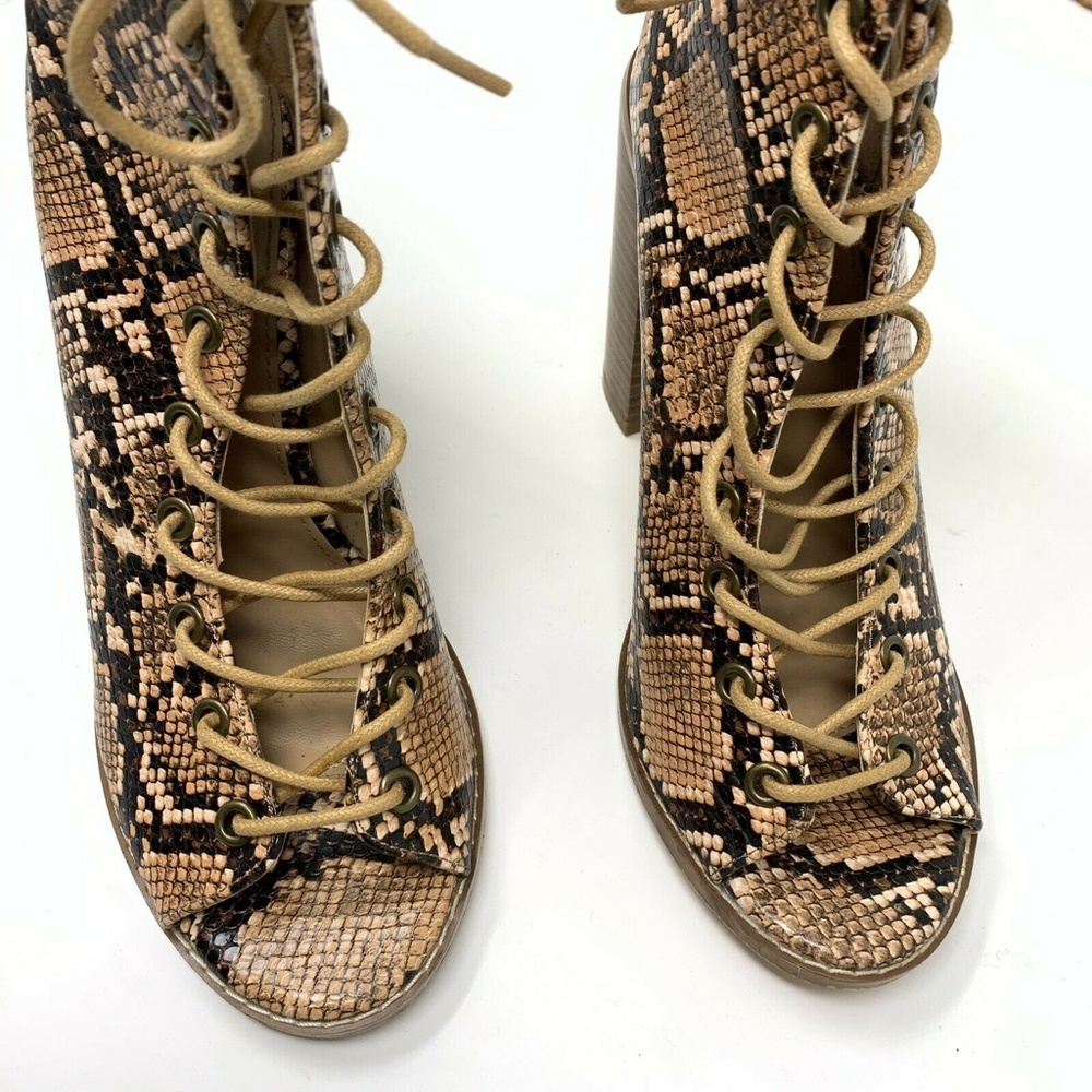 Olivia Ferguson Booties Snake Print Brown Lace Up Open Toe - Picture 2 of 7